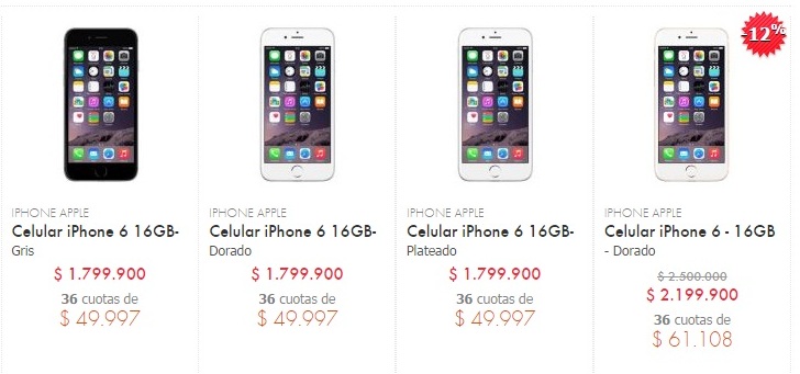 iPhone 6 en la página web de Linio de Colombia, para su venta. 