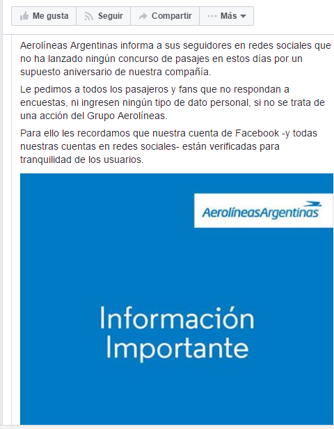 Aerolíneas Argentinas ha advertido a sus usuarios sobre esta estafa de WhatsApp desde su Facebook. 